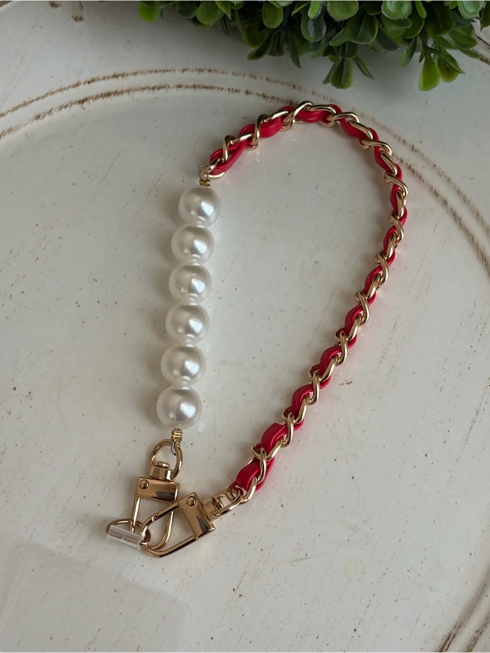Pearl and Red Chain ID Badge Lanyard with Gold Hardware